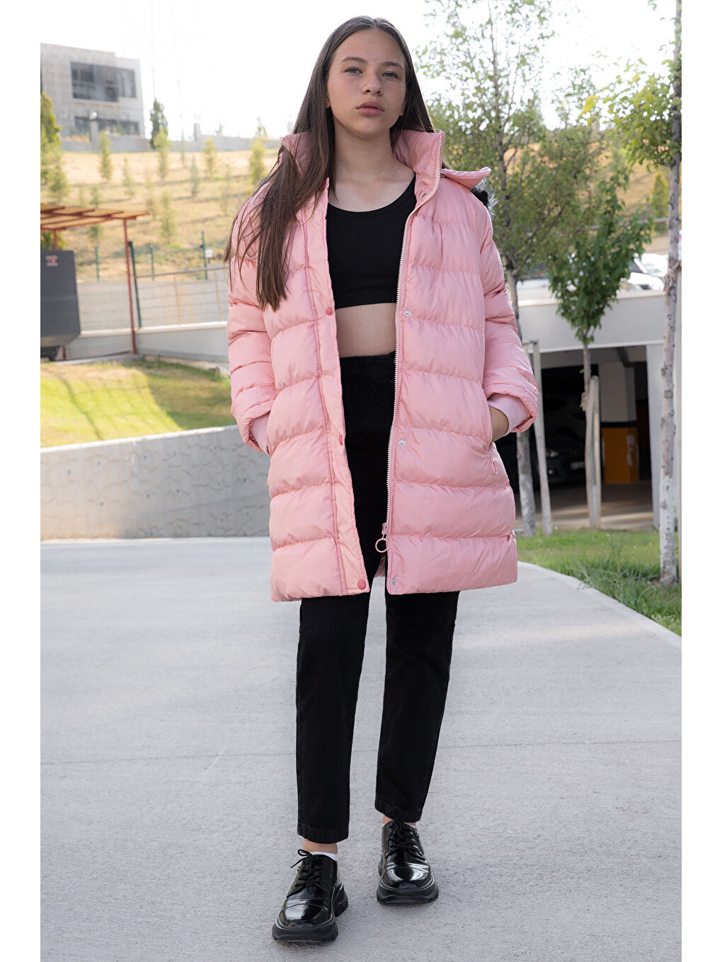 Pembe Somon İçi Kürklü Çıtçıtlı Kapüşonlu Kız Çocuk Şişme Mont 21320-1