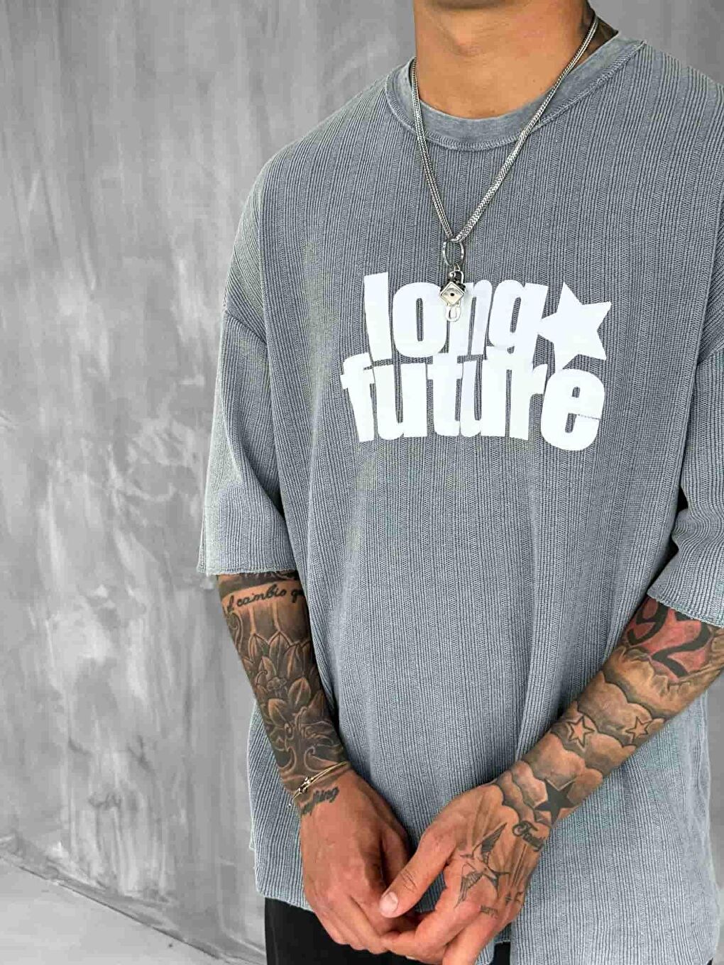 Erkek Yıkamalı Ribana Kumaş Oversize Tişört Gri-2