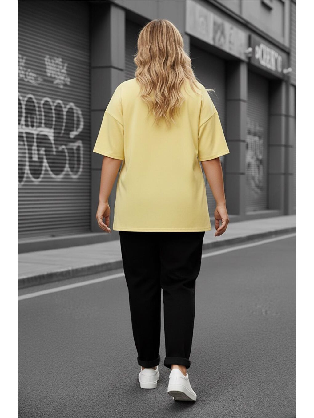 Sarı Mily Kadın Büyük Beden Battal Basic Bisiklet Yaka Pamuklu T-Shirt Rahat Kesim Unisex Sevgili Kombini-2