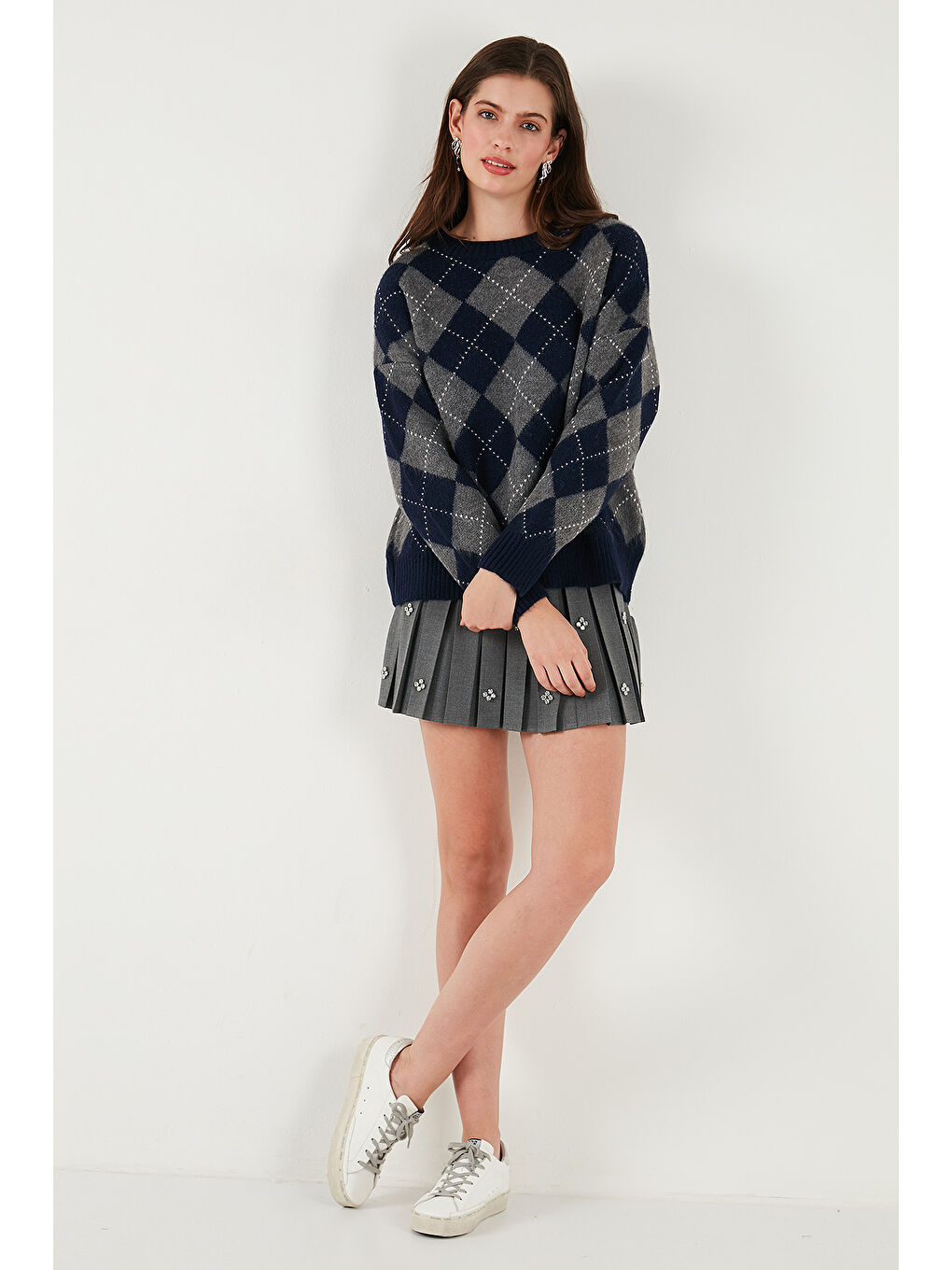 Lacivert Oversize Fit Bisiklet Yaka Baklava Desenli Kazak 4615579-2