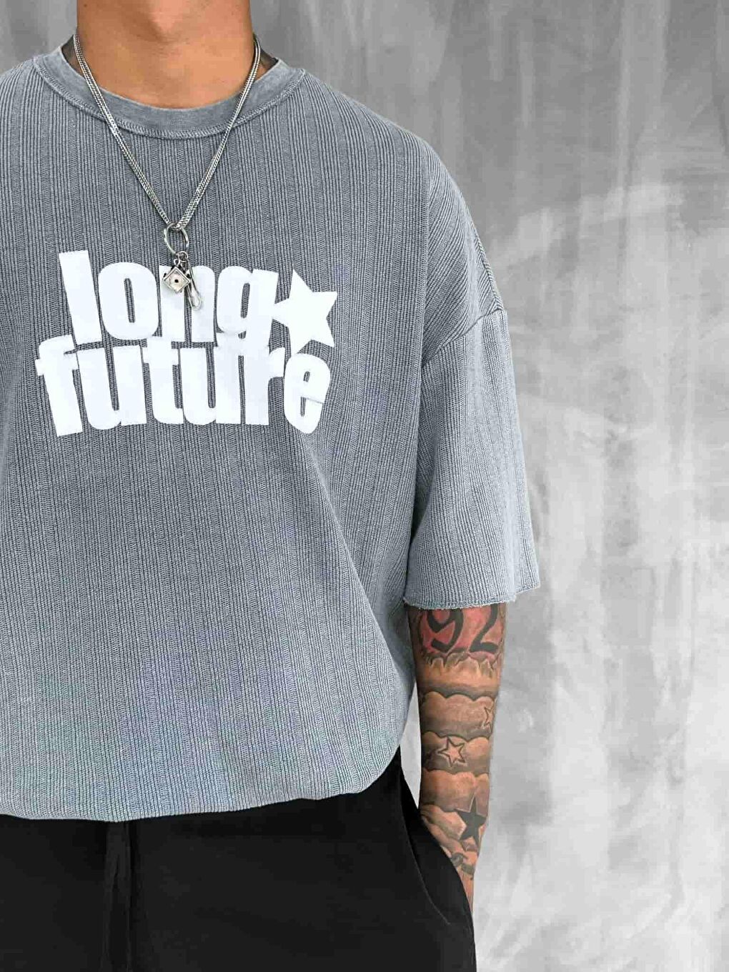 Erkek Yıkamalı Ribana Kumaş Oversize Tişört Gri-3