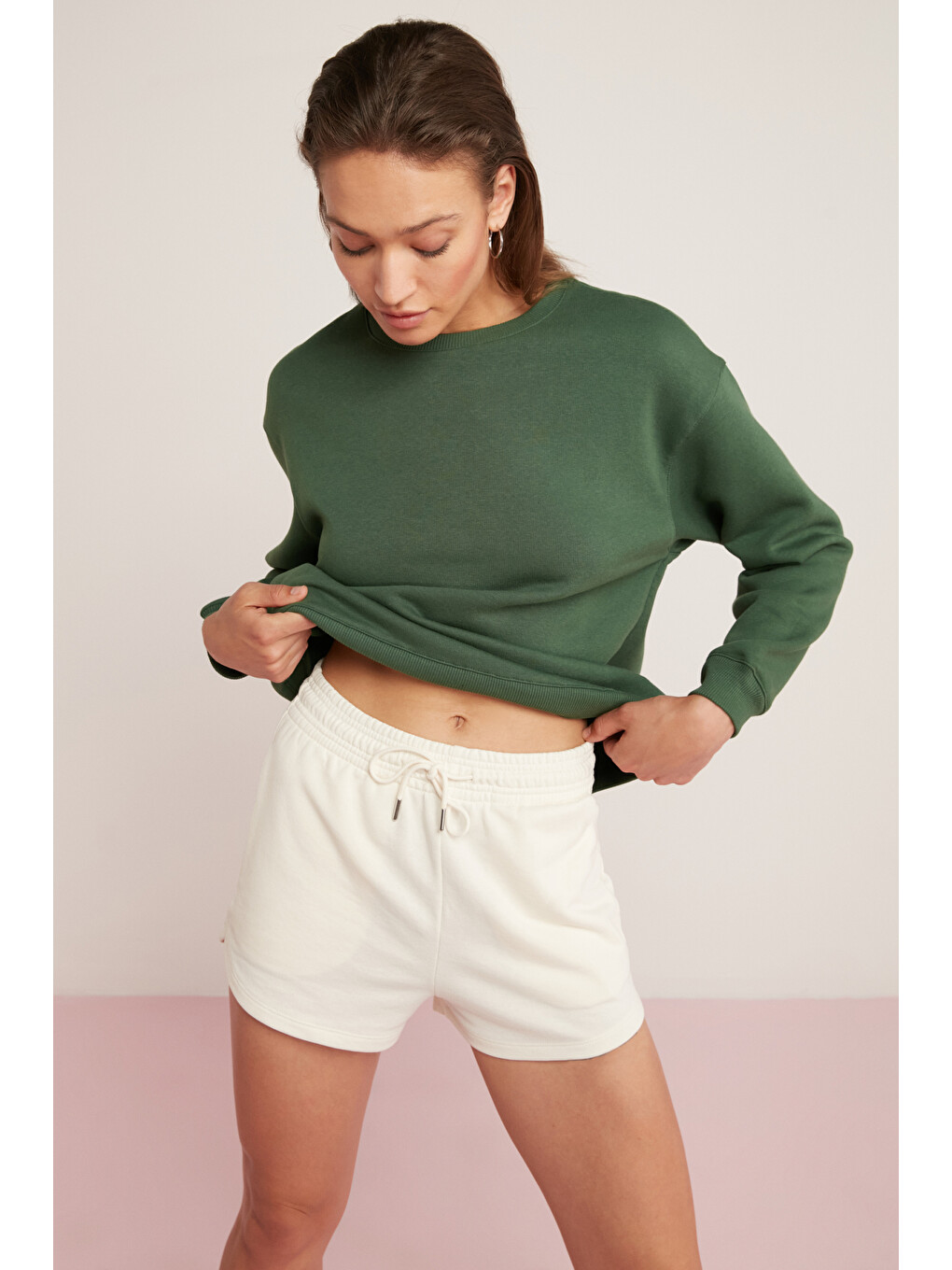 Alfreda Kadın Pamuklu Içi Polarlı Yumuşacık Yuvarlak Yaka Comfort Fit Basıc Yeşil Sweatshirt-3