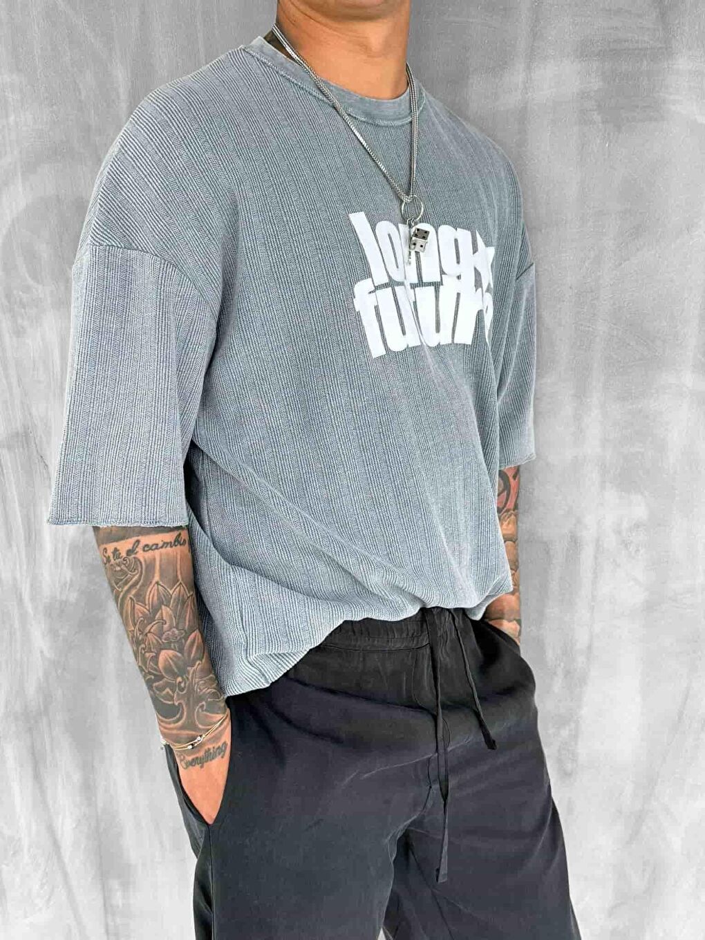 Erkek Yıkamalı Ribana Kumaş Oversize Tişört Gri-4