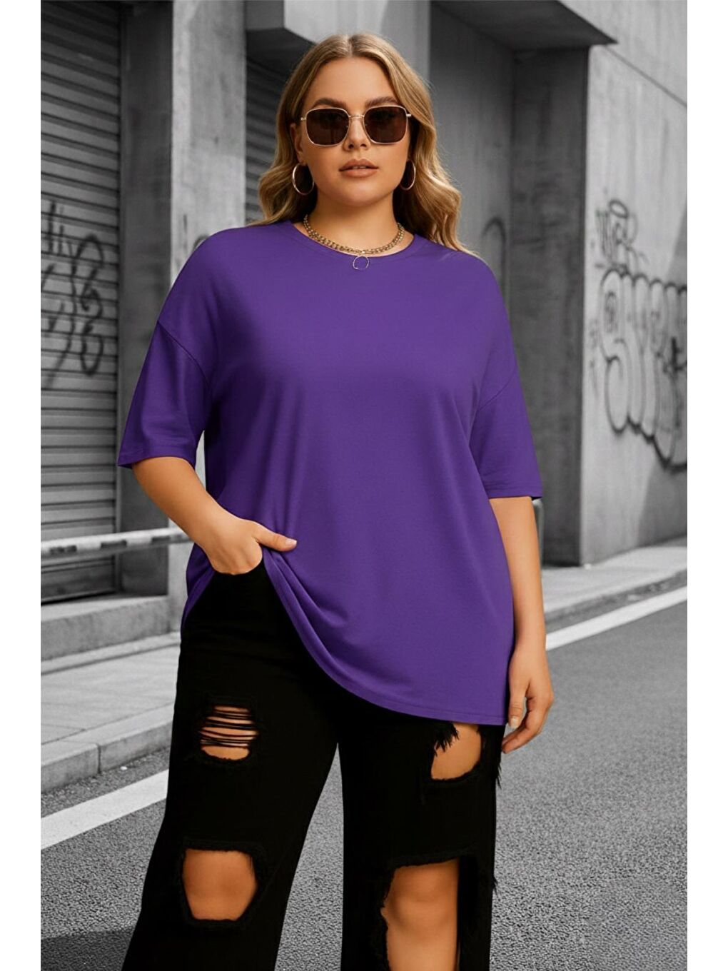 Mor Mily Kadın Büyük Beden Battal Basic Bisiklet Yaka Pamuklu T-Shirt Rahat Kesim Unisex Sevgili Kombini