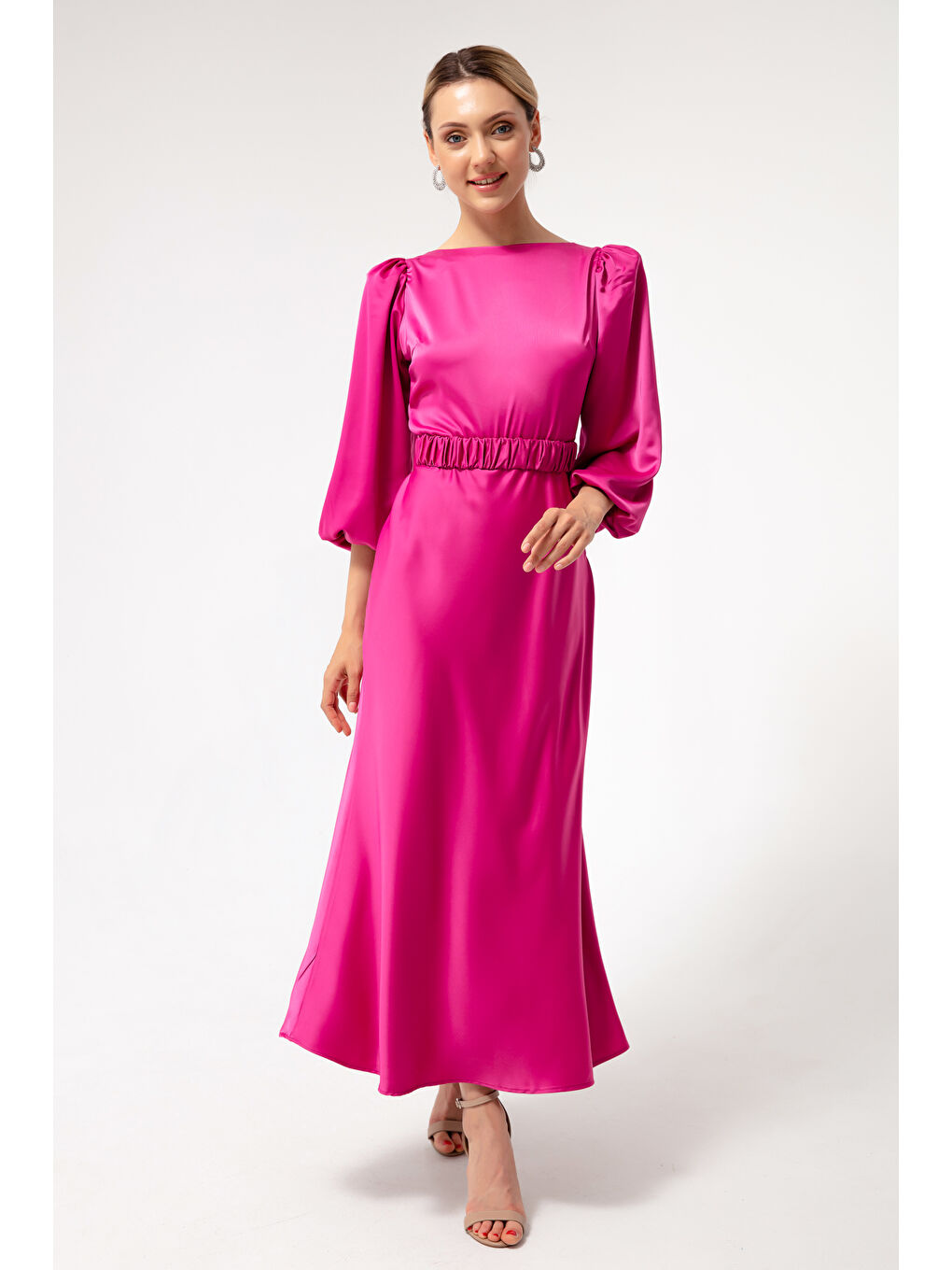 Kadın Fuşya Uzun Balon Kollu Nişan Elbisesi