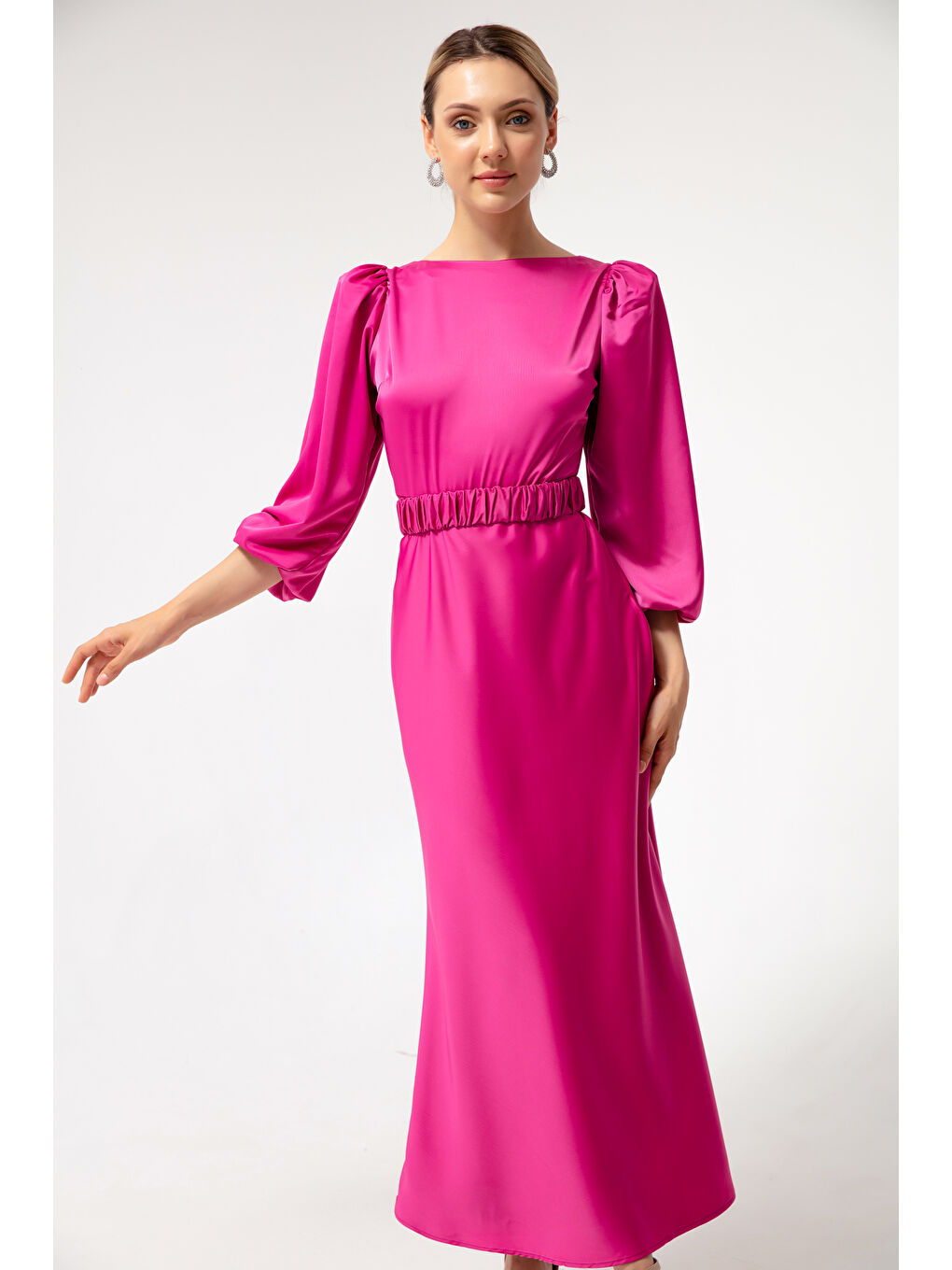 Kadın Fuşya Uzun Balon Kollu Nişan Elbisesi-1