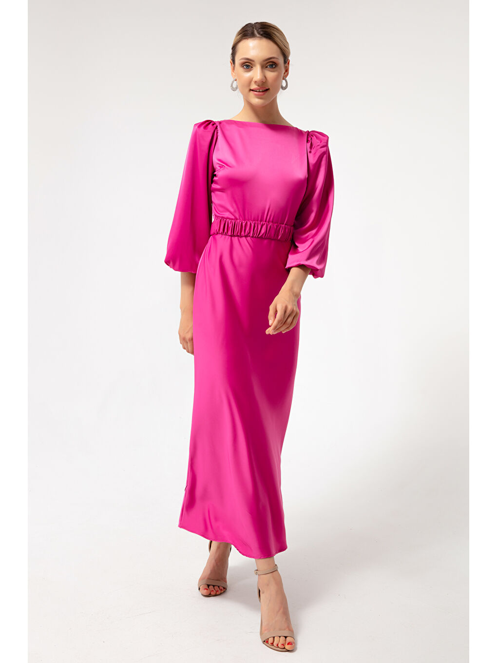 Kadın Fuşya Uzun Balon Kollu Nişan Elbisesi-2
