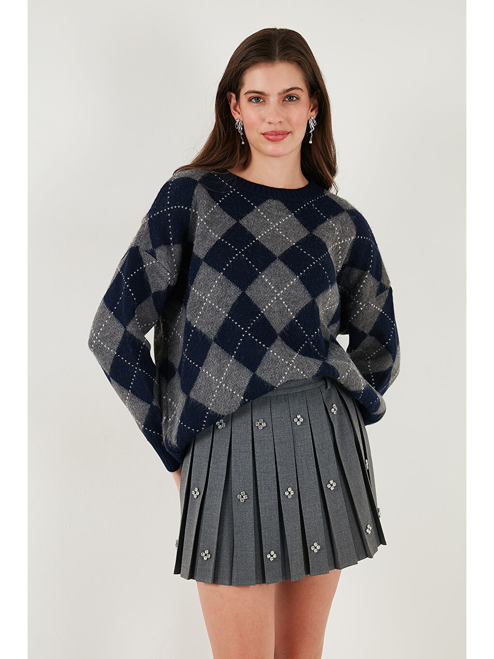 Lacivert Oversize Fit Bisiklet Yaka Baklava Desenli Kazak 4615579-3