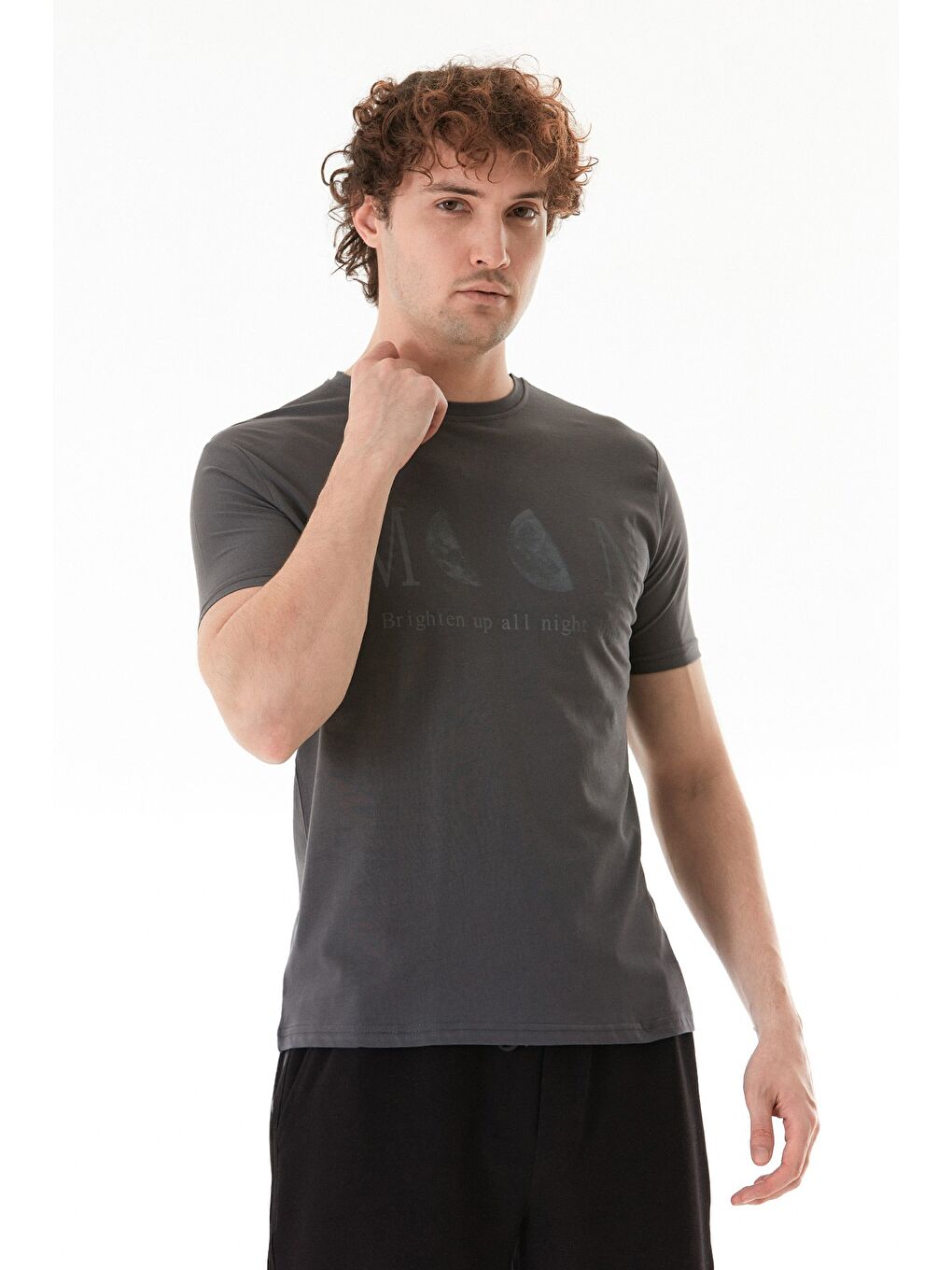 Antrasit Moon Yazı Ve Ay Baskılı Bisiklet Yaka Tişört-2