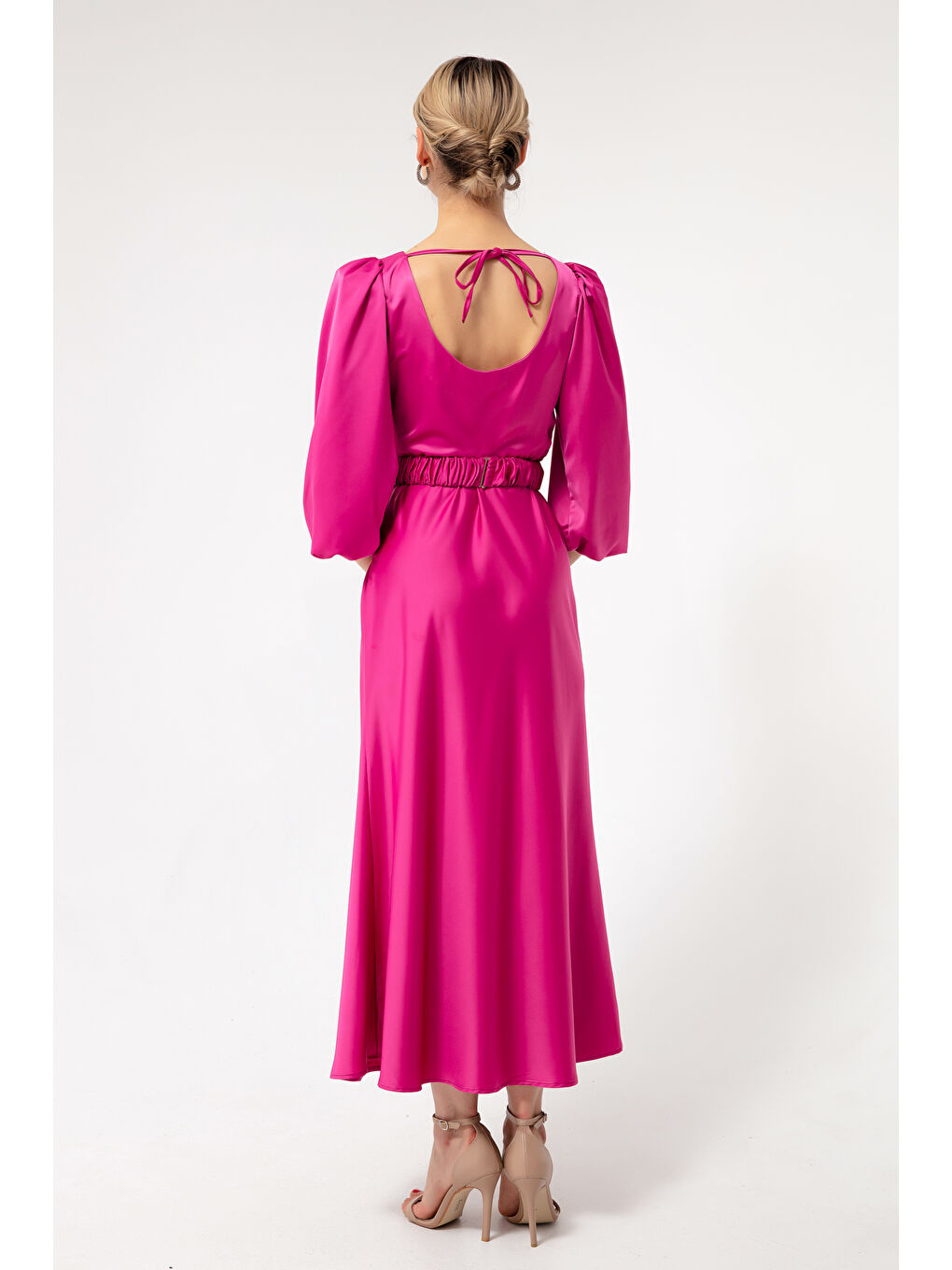 Kadın Fuşya Uzun Balon Kollu Nişan Elbisesi-4