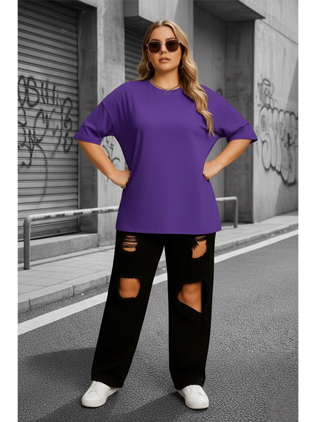 Mor Mily Kadın Büyük Beden Battal Basic Bisiklet Yaka Pamuklu T-Shirt Rahat Kesim Unisex Sevgili Kombini-1