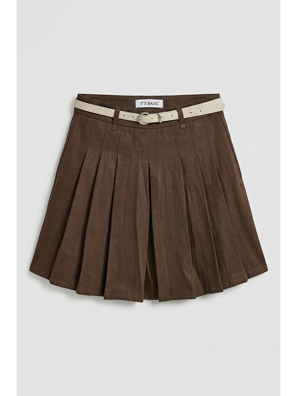 Kahverengi Kadın Kahve w5 Kemerli Pileli Organik Pamuk Kumaş İçi Şortlu Mini Etek-1