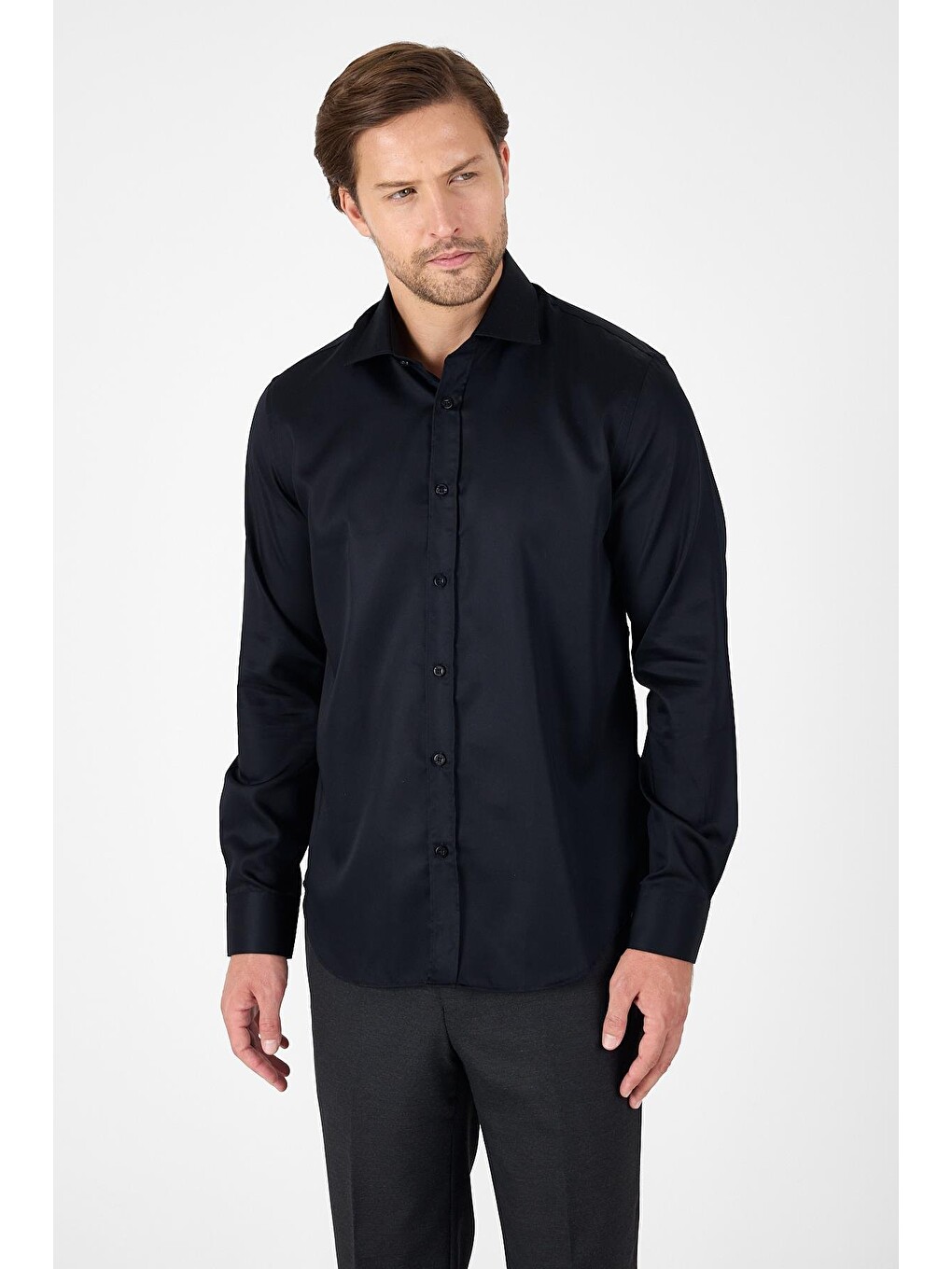 Siyah Uzun Kol İtalyan Yaka Cepsiz Non Iron Slim Fit %100 Pamuk Gömlek 1004250269-1
