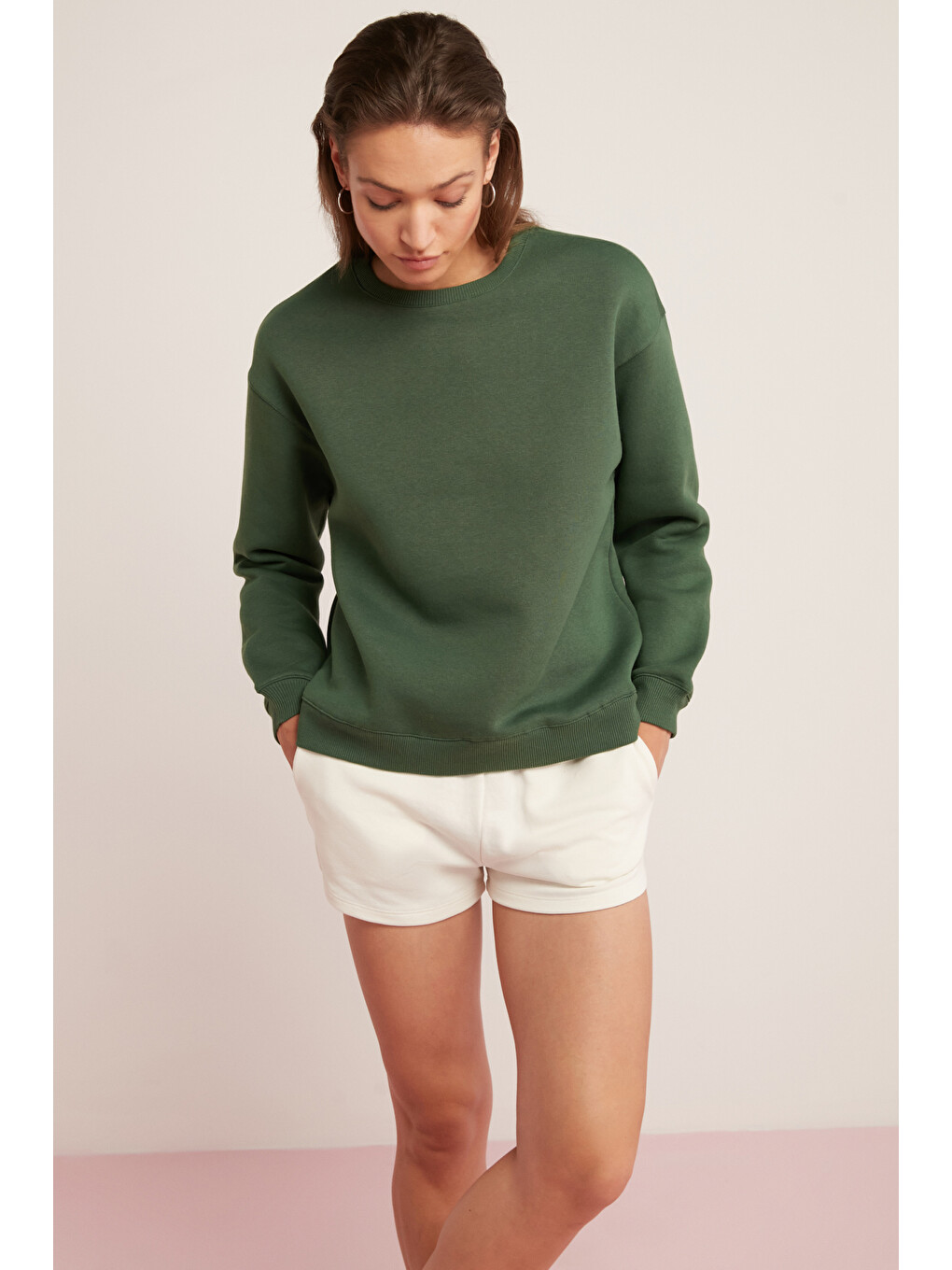 Alfreda Kadın Pamuklu Içi Polarlı Yumuşacık Yuvarlak Yaka Comfort Fit Basıc Yeşil Sweatshirt-5
