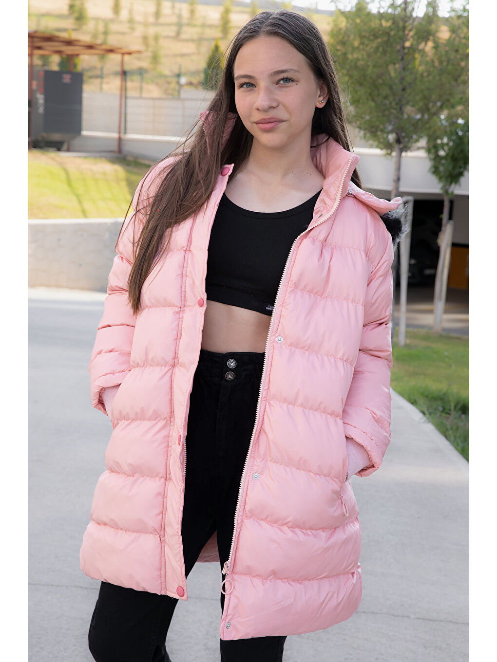 Pembe Somon İçi Kürklü Çıtçıtlı Kapüşonlu Kız Çocuk Şişme Mont 21320-2