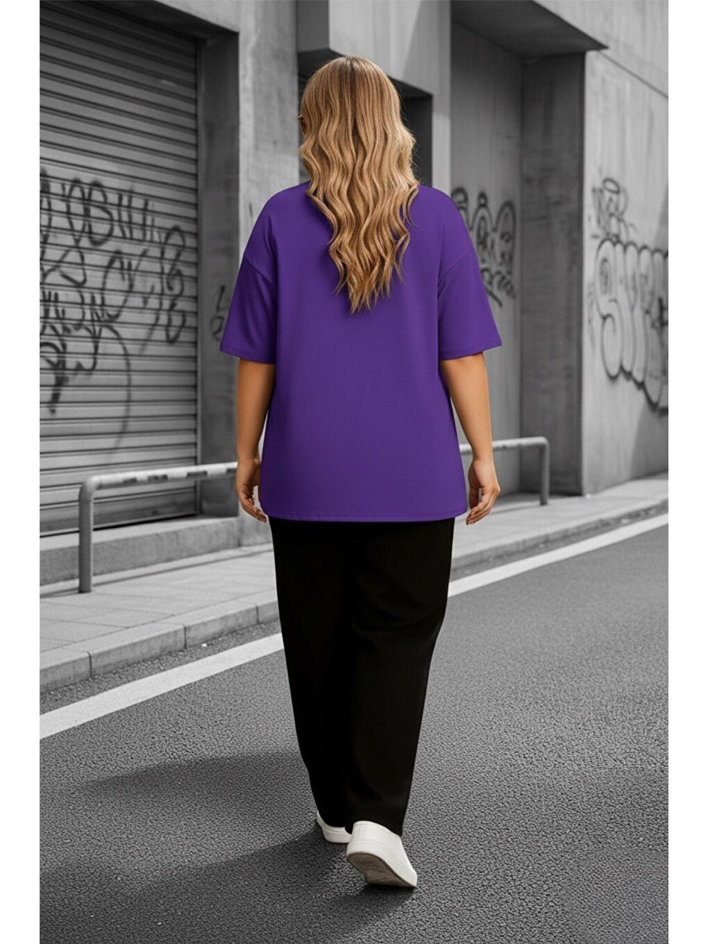 Mor Mily Kadın Büyük Beden Battal Basic Bisiklet Yaka Pamuklu T-Shirt Rahat Kesim Unisex Sevgili Kombini-2