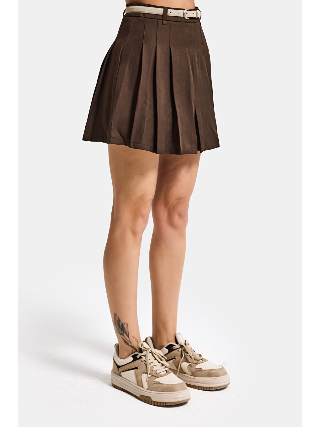 Kahverengi Kadın Kahve w5 Kemerli Pileli Organik Pamuk Kumaş İçi Şortlu Mini Etek-2