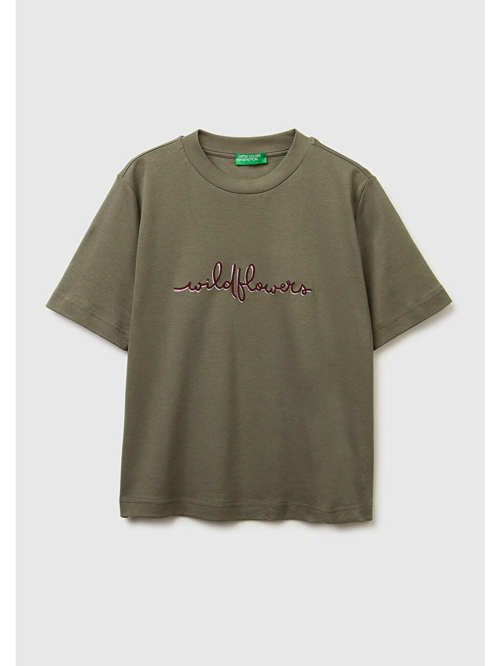 Kadın Haki %100 Pamuk Önü Çiçek İşlemeli Bisiklet Yaka T-Shirt-1