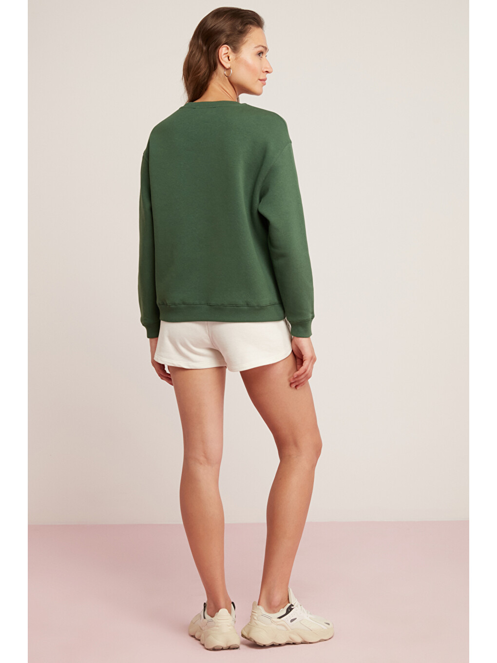 Alfreda Kadın Pamuklu Içi Polarlı Yumuşacık Yuvarlak Yaka Comfort Fit Basıc Yeşil Sweatshirt-6