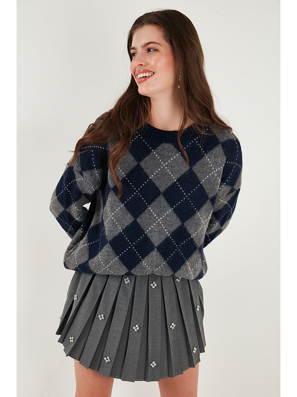 Lacivert Oversize Fit Bisiklet Yaka Baklava Desenli Kazak 4615579-4