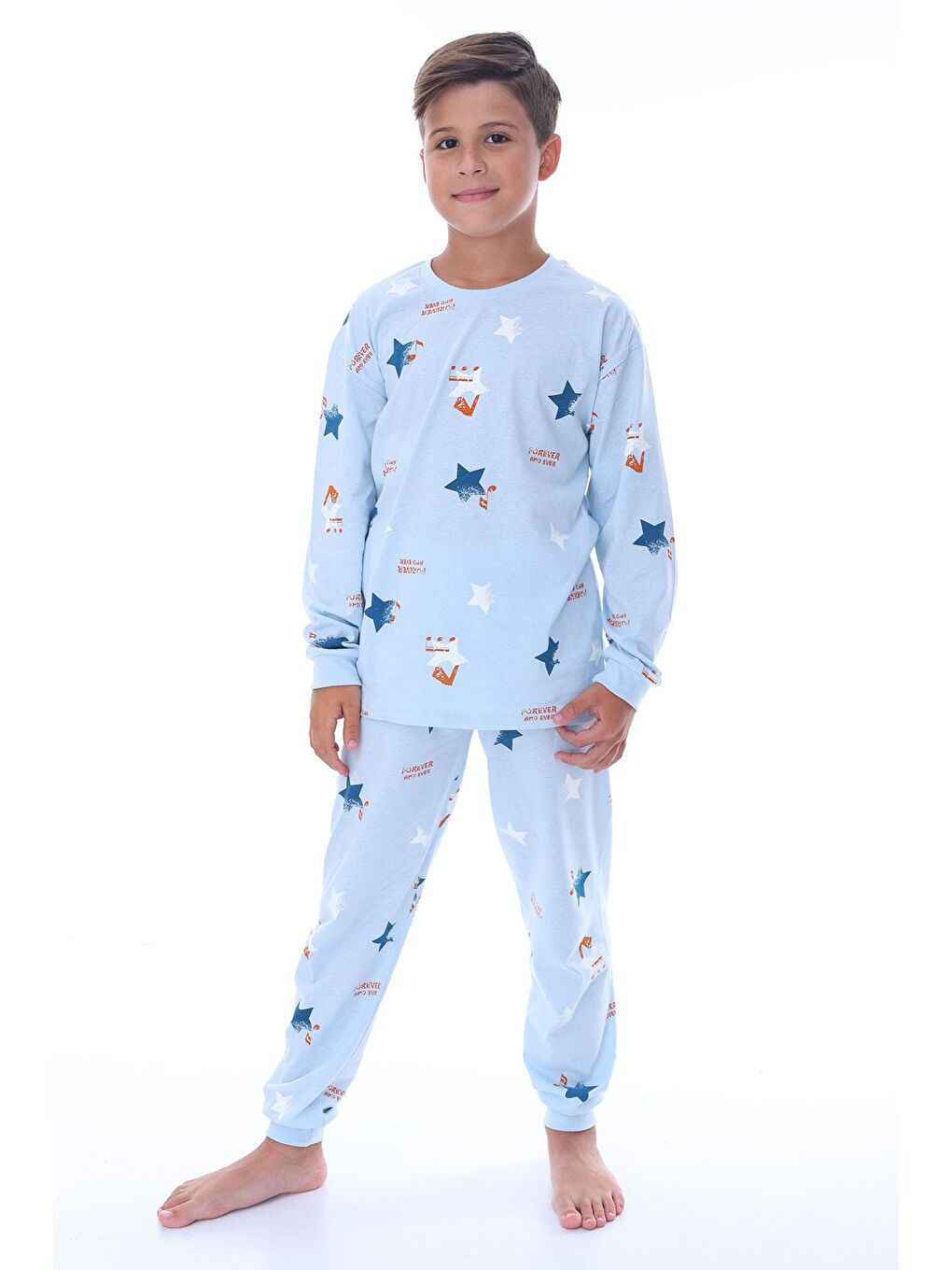 Mavi Yıldız Nota Desenli Bej Unisex Pijama Takımı