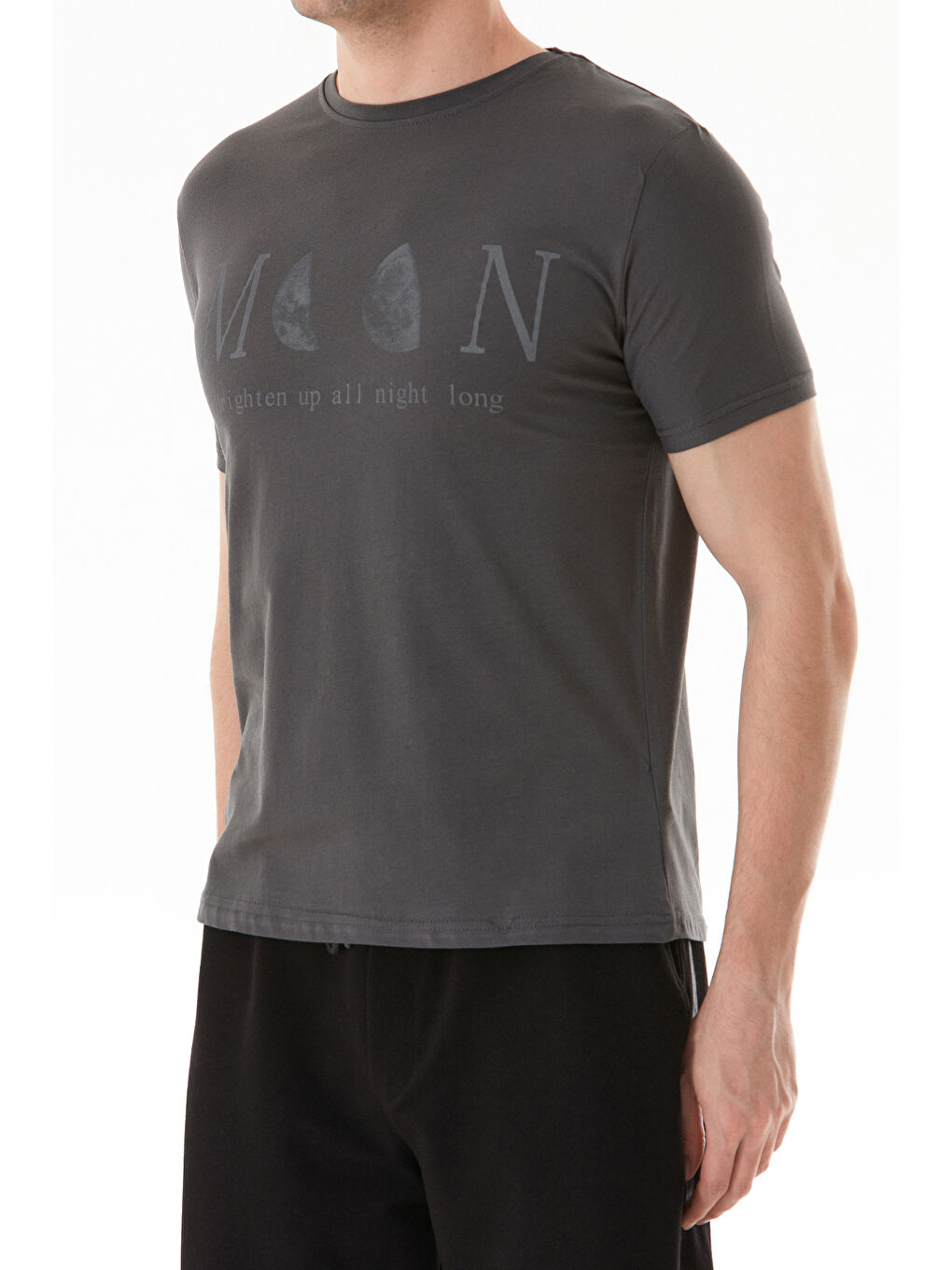 Antrasit Moon Yazı Ve Ay Baskılı Bisiklet Yaka Tişört-4