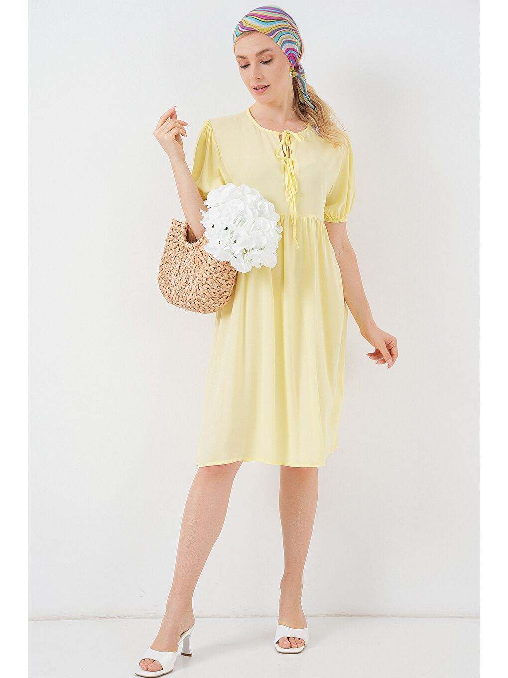 Kadın Bağcıklı Midi Elbise 2575 - Sarı