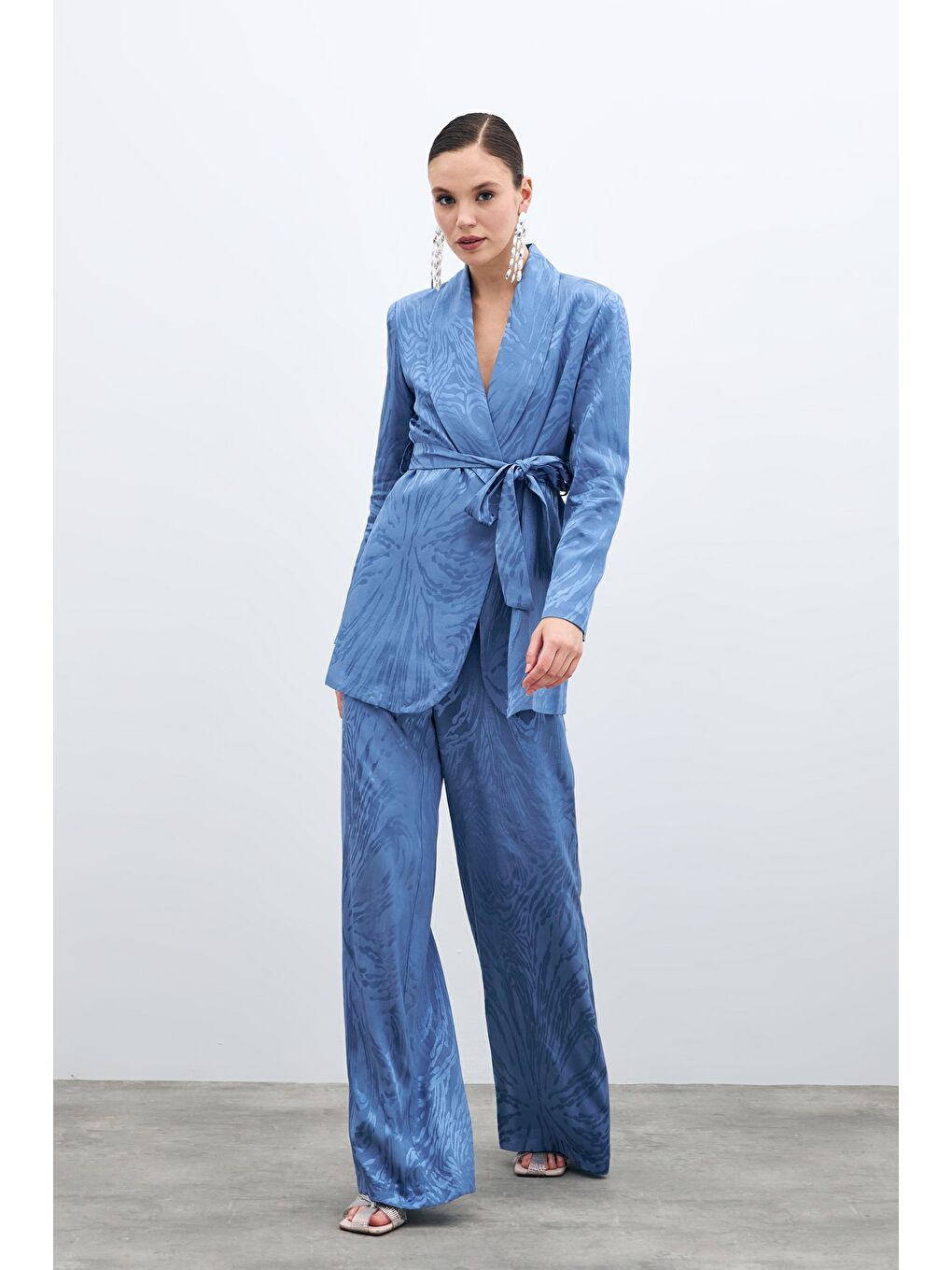 Yüksek Bel Desenli Pantolon - İndigo-1