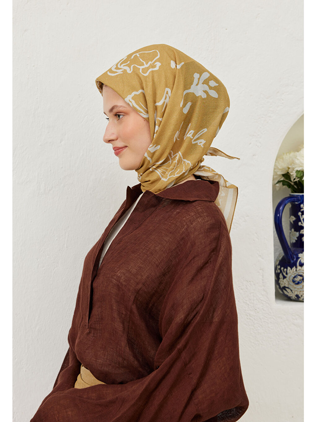 Summer Vibes Desen Pamuk Vual Eşarp Soft Sarı-1