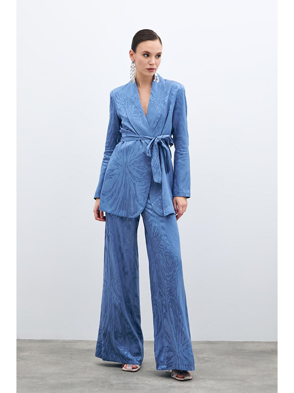 Yüksek Bel Desenli Pantolon - İndigo-2