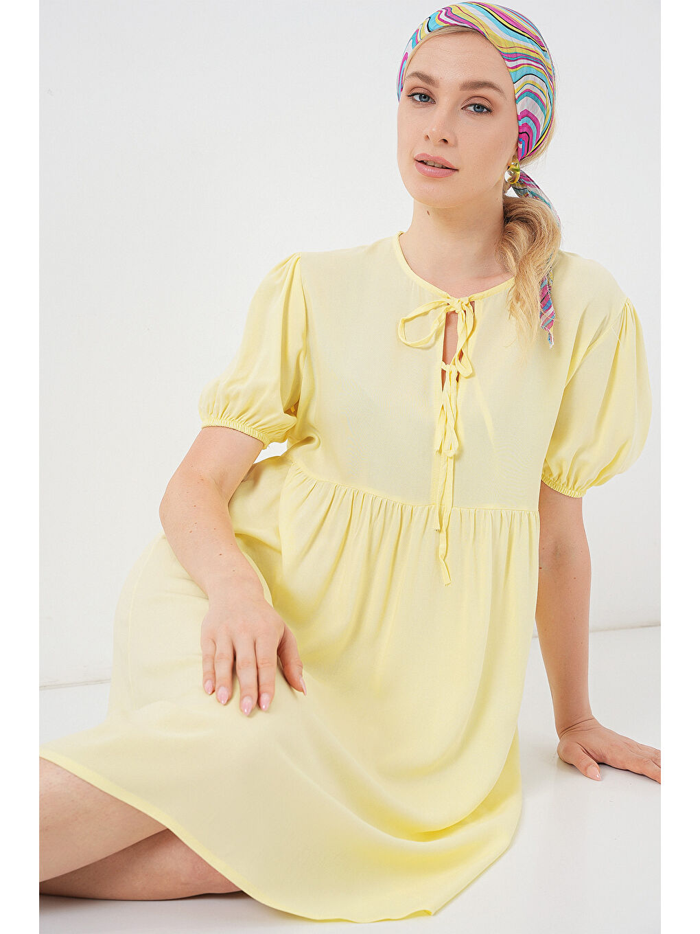 Kadın Bağcıklı Midi Elbise 2575 - Sarı-1