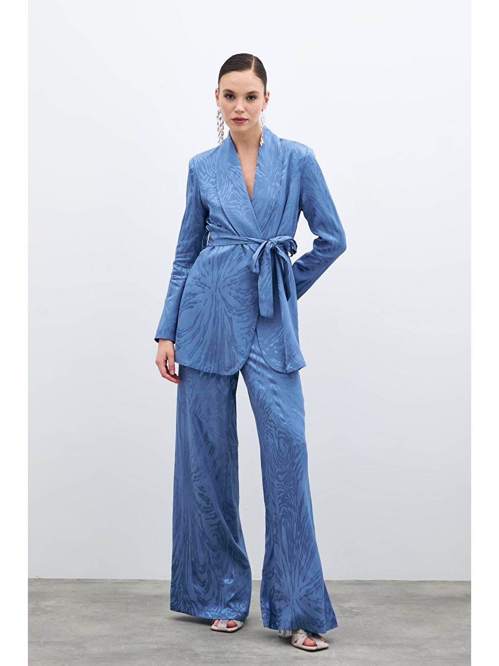 Yüksek Bel Desenli Pantolon - İndigo-3