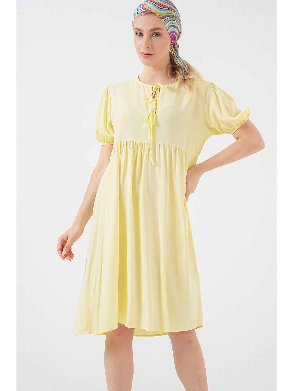 Kadın Bağcıklı Midi Elbise 2575 - Sarı-2