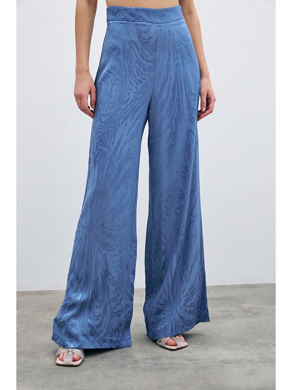 Yüksek Bel Desenli Pantolon - İndigo-4