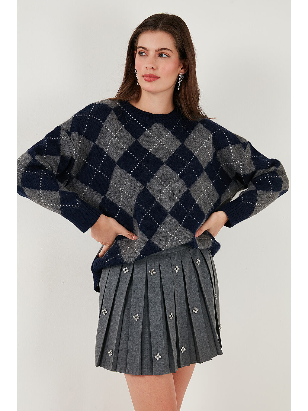 Lacivert Oversize Fit Bisiklet Yaka Baklava Desenli Kazak 4615579-5