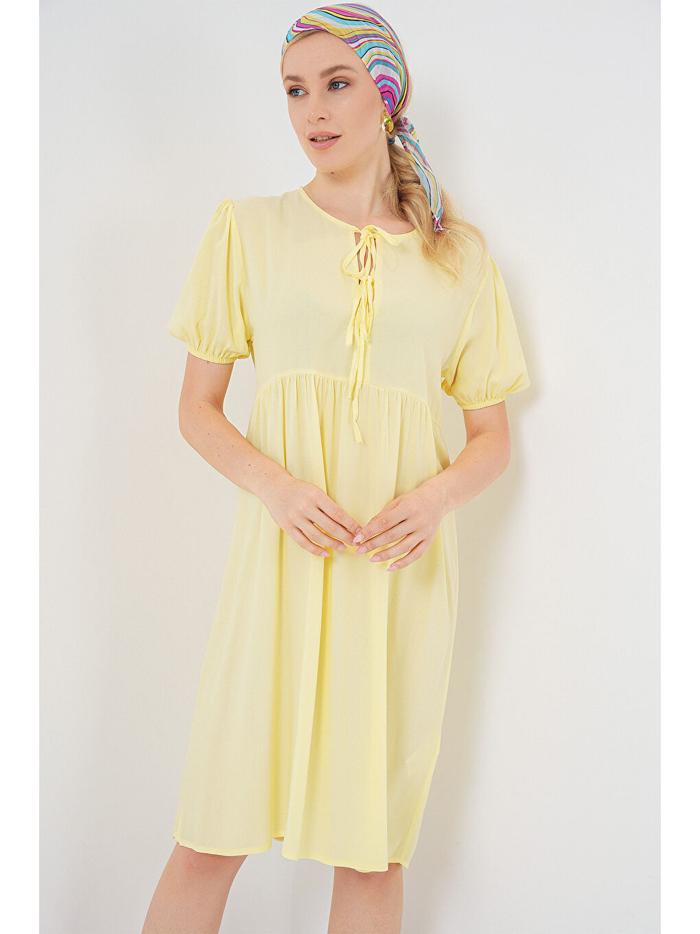 Kadın Bağcıklı Midi Elbise 2575 - Sarı-3