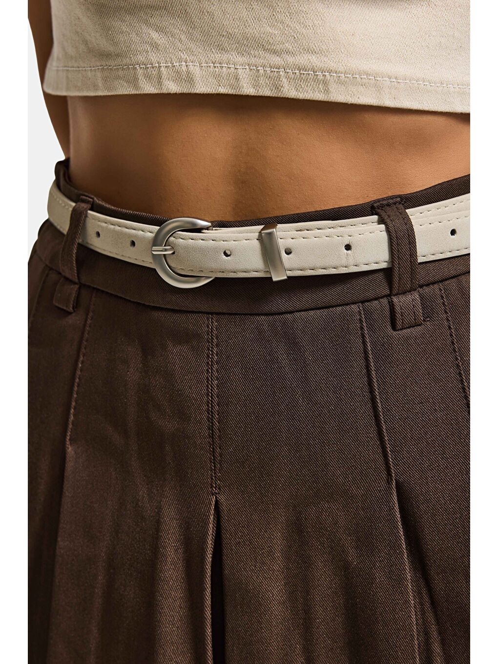 Kahverengi Kadın Kahve w5 Kemerli Pileli Organik Pamuk Kumaş İçi Şortlu Mini Etek-5