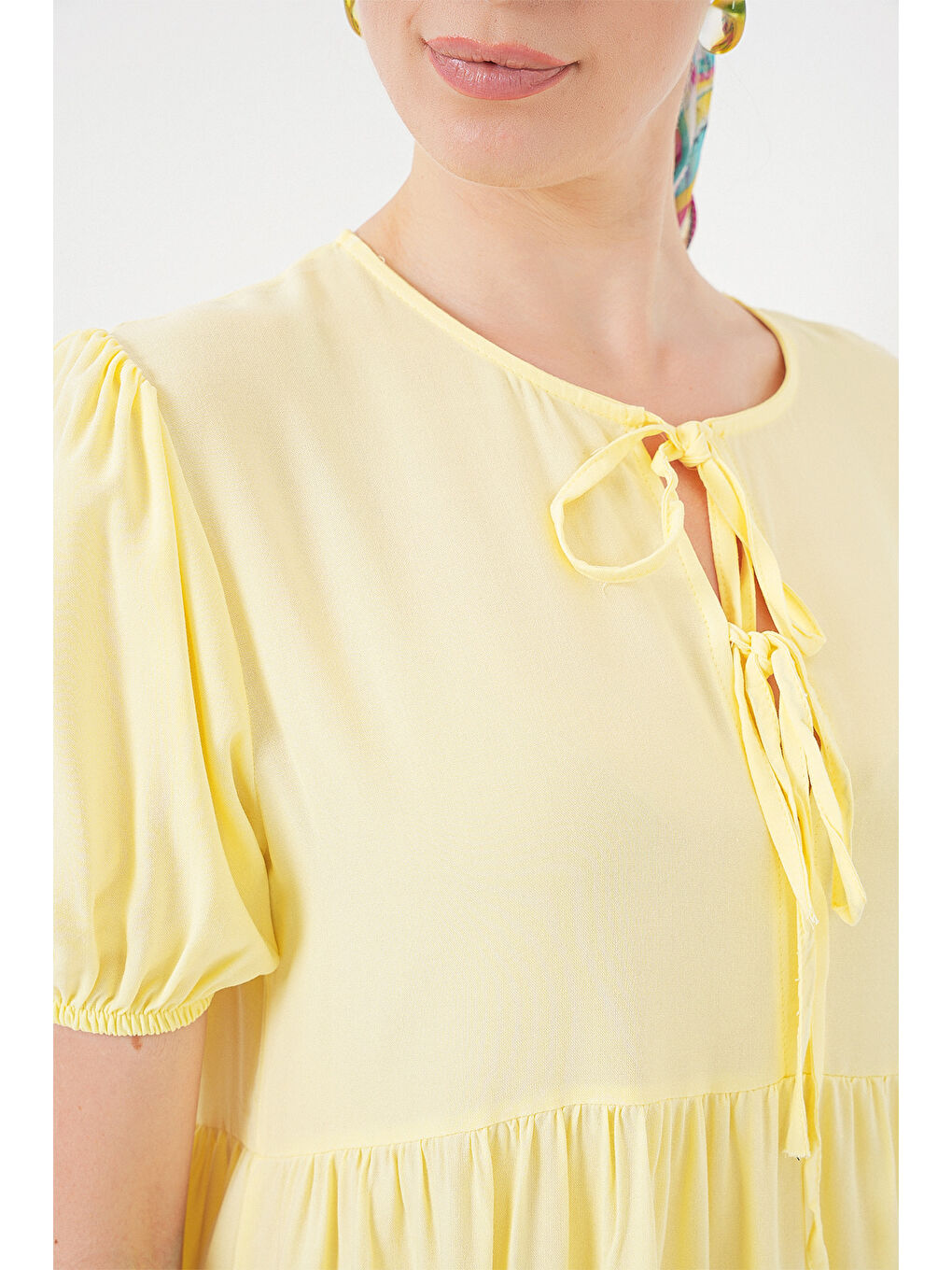 Kadın Bağcıklı Midi Elbise 2575 - Sarı-4