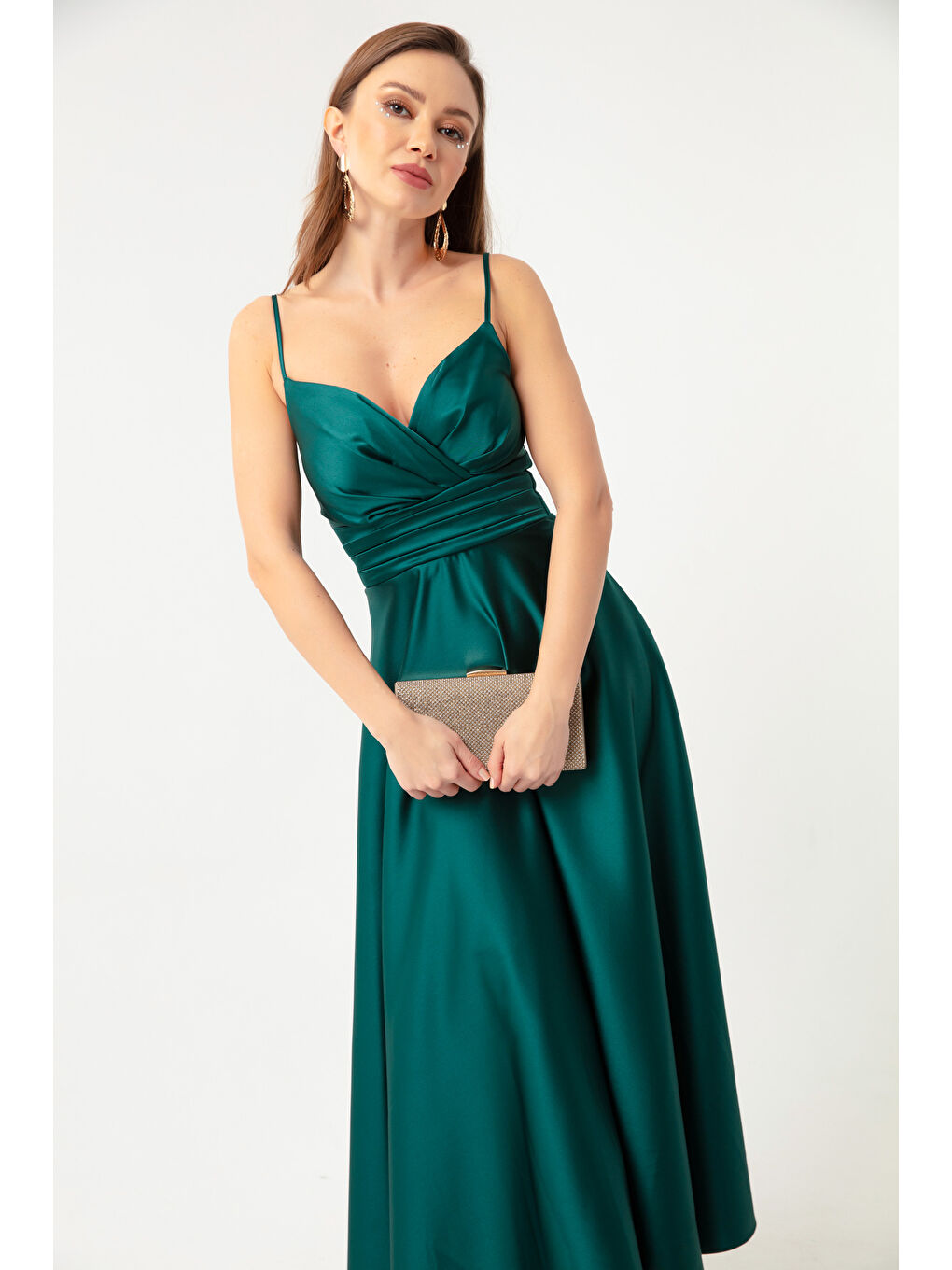 Kadın Zümrüt Yeşili İp Askılı Bel Kemerli Saten Midi Abiye & Mezuniyet Elbisesi-1
