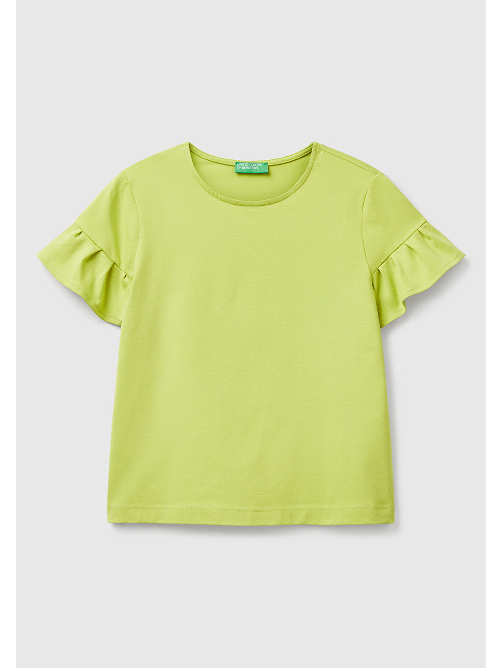 Kadın Açık Yeşil Pamuk Karışımlı Kolları Fırfır Detaylı T-Shirt-1