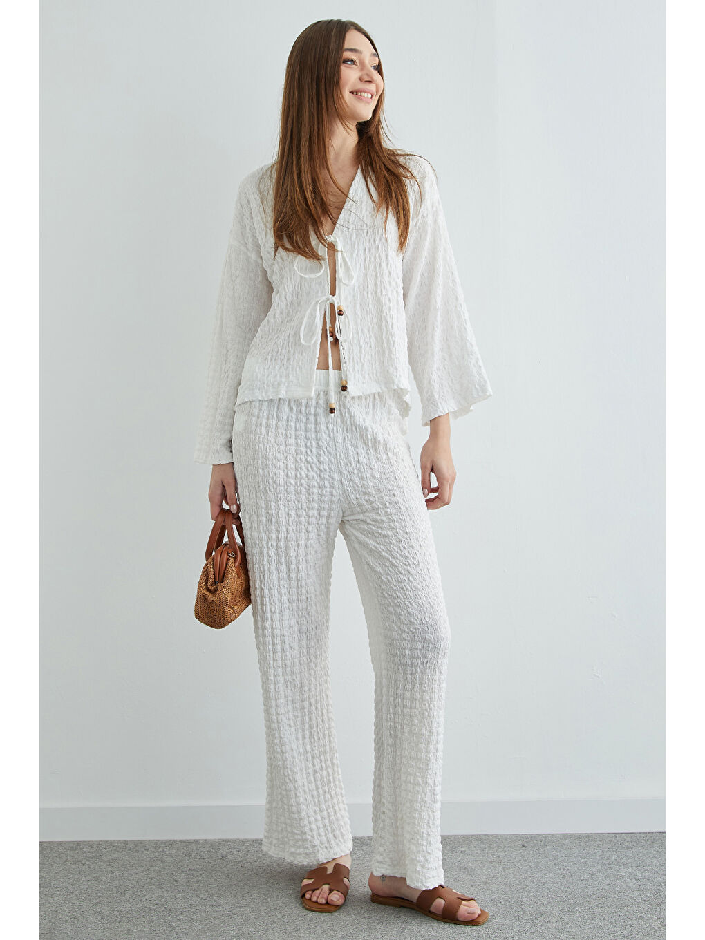 Beyaz Önden Bağlamalı Dokulu Kimono 2 Li Takım-1