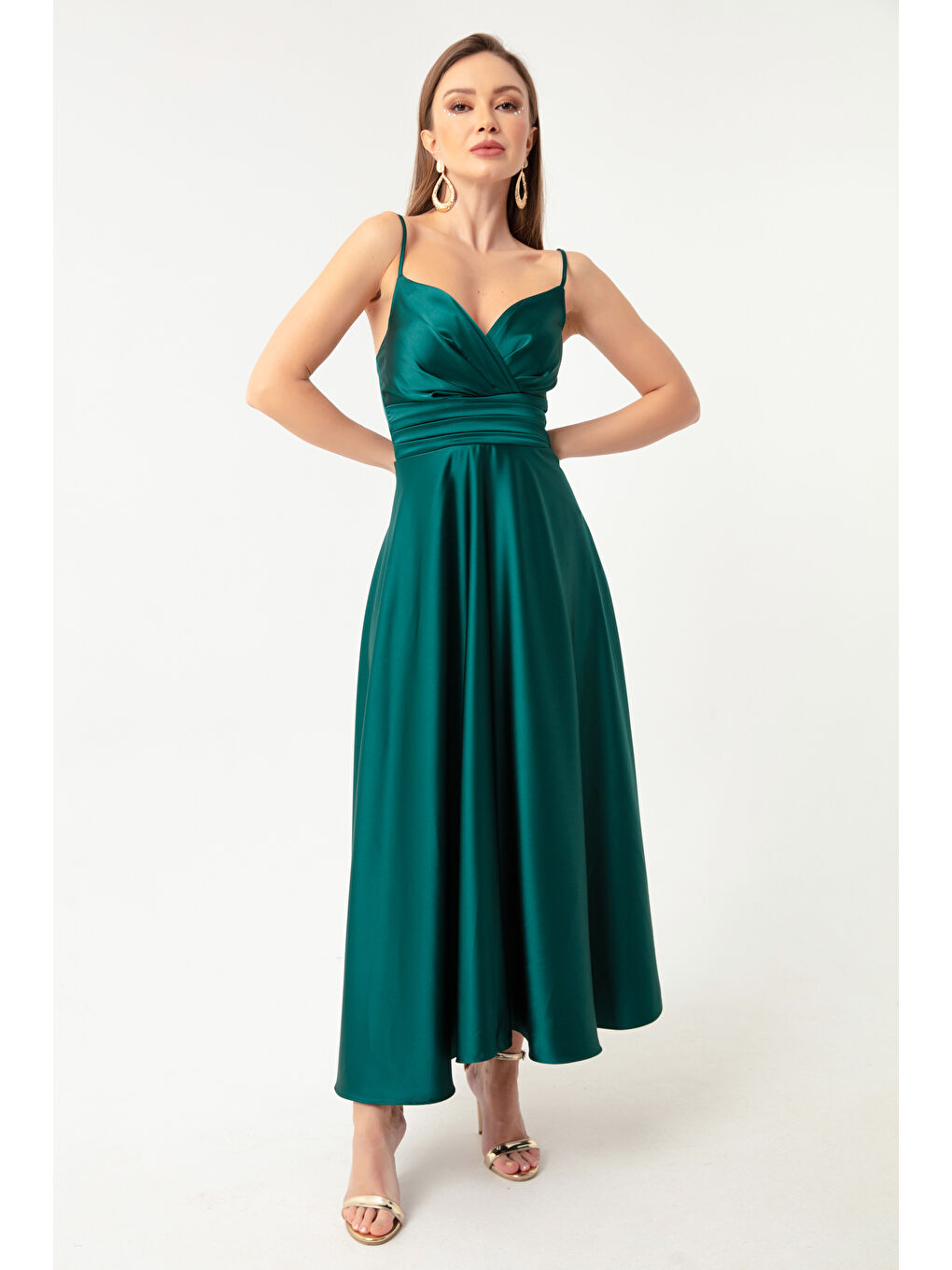 Kadın Zümrüt Yeşili İp Askılı Bel Kemerli Saten Midi Abiye & Mezuniyet Elbisesi-2