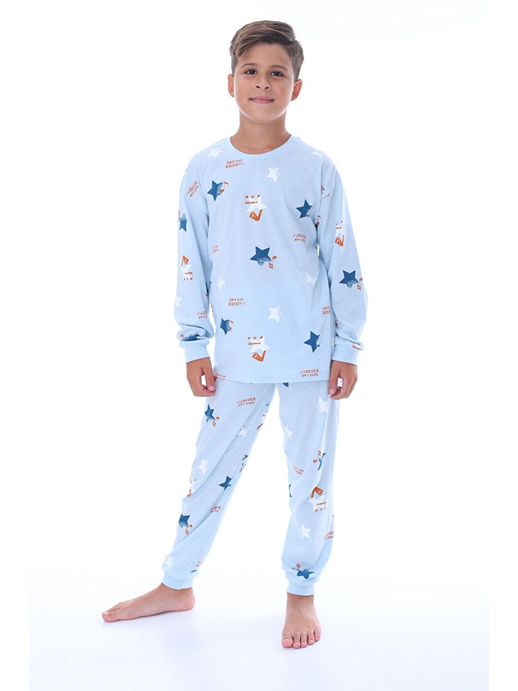 Mavi Yıldız Nota Desenli Bej Unisex Pijama Takımı-1
