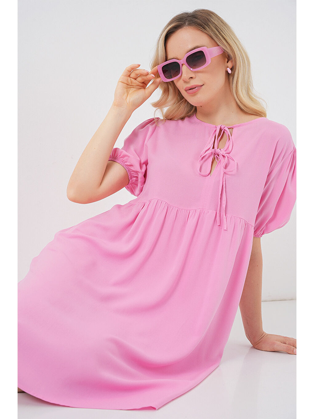 Kadın Bağcıklı Midi Elbise 2575 - Pembe-1
