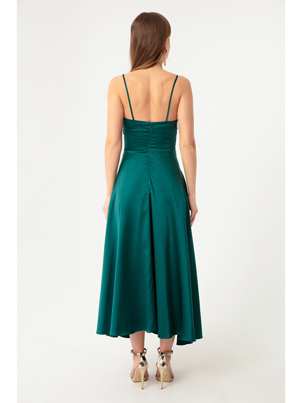 Kadın Zümrüt Yeşili İp Askılı Bel Kemerli Saten Midi Abiye & Mezuniyet Elbisesi-4