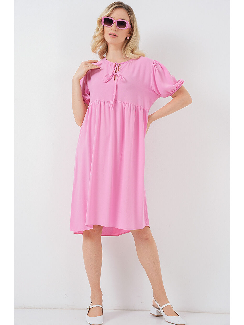Kadın Bağcıklı Midi Elbise 2575 - Pembe-2