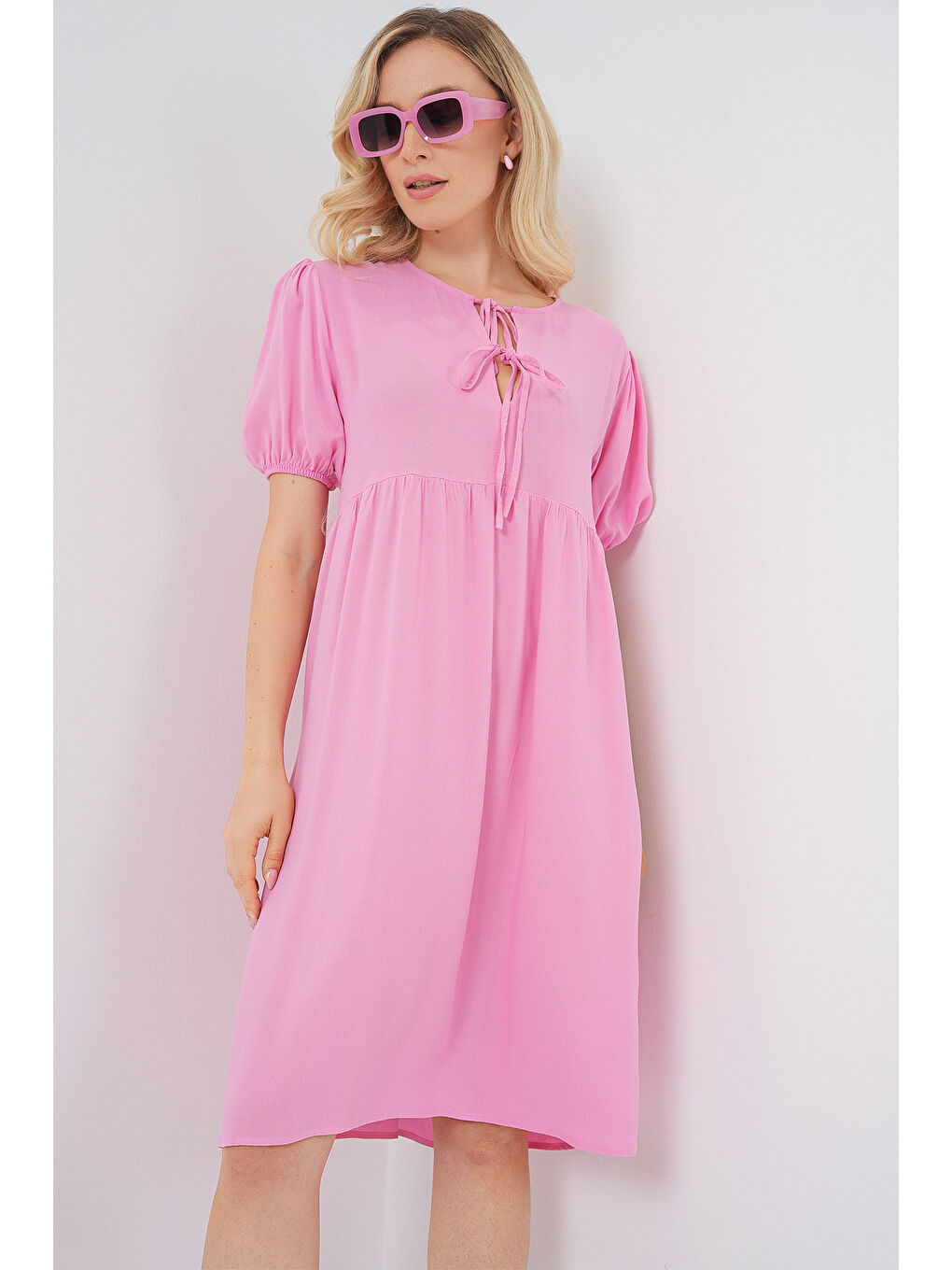 Kadın Bağcıklı Midi Elbise 2575 - Pembe-3