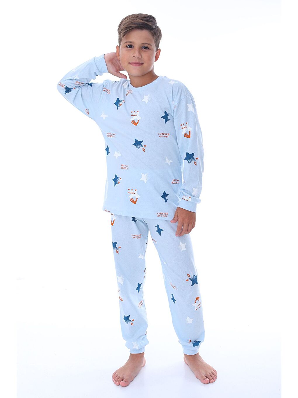 Mavi Yıldız Nota Desenli Bej Unisex Pijama Takımı-2