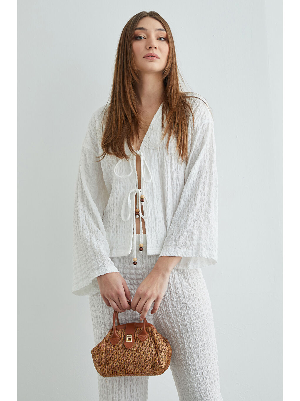 Beyaz Önden Bağlamalı Dokulu Kimono 2 Li Takım-2