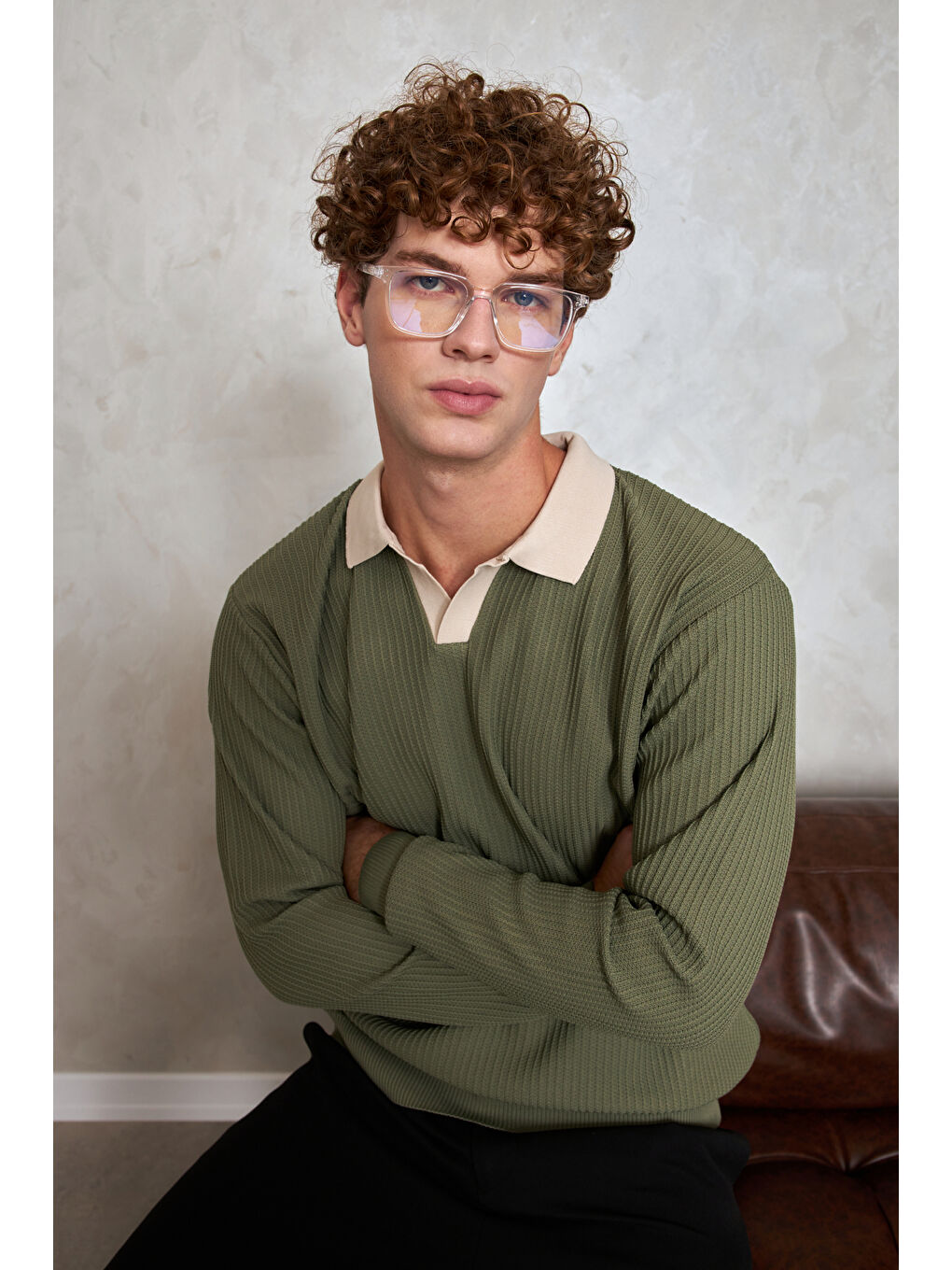 Haki Erkek Polo Yaka Nopeli Oversize Triko Kazak-1